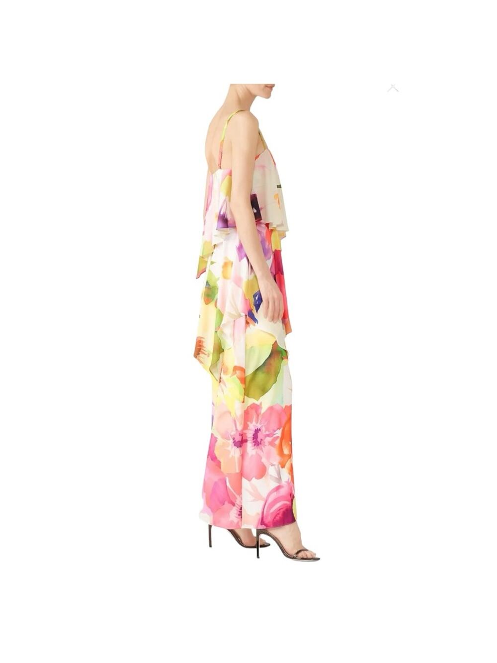 Josie Natori $795 Eden Floral Print Tiered Maxi Dress Sleeveless Size 14